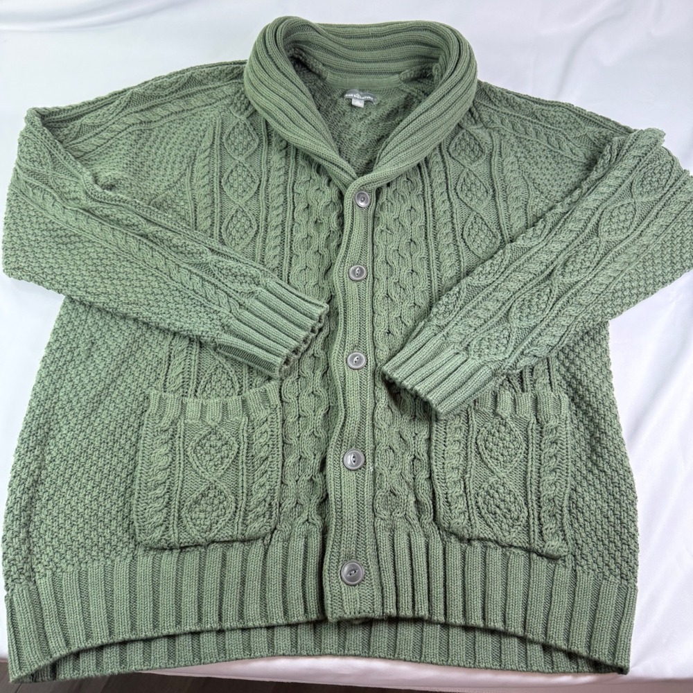 LL Bean Signature Women XL Green Cable Knit Shawl Collar Cotton Cardigan Sweater